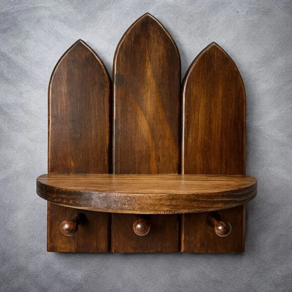 Handmade Gothic Cathedral Arch Wood Wall Shelf 3 Hooks Dark Walnut Witchy Altar